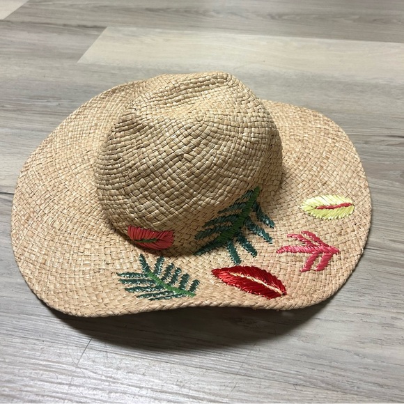 Anthropolgie Straw Hat Embroidered Sun Hat Mother Nature Floppy OS Resort Summer - Picture 3 of 10